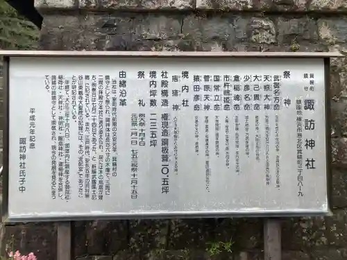 諏訪神社の{uncategorized: "未分類", other: "その他", undefined: "問題あり", building: "その他建物", grave: "お墓", sacred_gate: "鳥居", guardian: "狛犬", statue: "像", buddha: "仏像", history: "歴史", nature: "自然", garden: "庭園", animal: "動物", pagoda: "塔", temizu: "手水舎", mountain_gate: "山門・神門", sanctuary: "本殿・本堂", subordinate: "末社・摂社", art: "芸術", scenery: "景色", jizo: "地蔵", ema: "絵馬", goshuin: "御朱印", omikuji: "おみくじ", items: "授与品その他", amulet: "お守り", goshuincho: "御朱印帳", eats: "食事", festival: "お祭り", votive_dance: "神楽", shichigosan: "七五三参", wedding: "結婚式", experience: "体験その他", initially: "初詣", around: "周辺", anti_infection: "感染症対策"}