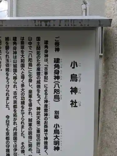 小烏神社の{uncategorized: "未分類", other: "その他", undefined: "問題あり", building: "その他建物", grave: "お墓", sacred_gate: "鳥居", guardian: "狛犬", statue: "像", buddha: "仏像", history: "歴史", nature: "自然", garden: "庭園", animal: "動物", pagoda: "塔", temizu: "手水舎", mountain_gate: "山門・神門", sanctuary: "本殿・本堂", subordinate: "末社・摂社", art: "芸術", scenery: "景色", jizo: "地蔵", ema: "絵馬", goshuin: "御朱印", omikuji: "おみくじ", items: "授与品その他", amulet: "お守り", goshuincho: "御朱印帳", eats: "食事", festival: "お祭り", votive_dance: "神楽", shichigosan: "七五三参", wedding: "結婚式", experience: "体験その他", initially: "初詣", around: "周辺", anti_infection: "感染症対策"}