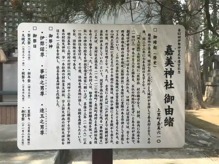 嘉美神社の{uncategorized: "未分類", other: "その他", undefined: "問題あり", building: "その他建物", grave: "お墓", sacred_gate: "鳥居", guardian: "狛犬", statue: "像", buddha: "仏像", history: "歴史", nature: "自然", garden: "庭園", animal: "動物", pagoda: "塔", temizu: "手水舎", mountain_gate: "山門・神門", sanctuary: "本殿・本堂", subordinate: "末社・摂社", art: "芸術", scenery: "景色", jizo: "地蔵", ema: "絵馬", goshuin: "御朱印", omikuji: "おみくじ", items: "授与品その他", amulet: "お守り", goshuincho: "御朱印帳", eats: "食事", festival: "お祭り", votive_dance: "神楽", shichigosan: "七五三参", wedding: "結婚式", experience: "体験その他", initially: "初詣", around: "周辺", anti_infection: "感染症対策"}