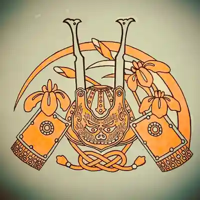 5月の御朱印に添える絵柄。源氏の嫡流に代々受け継がれた源太産衣(げんたがうぶぎ)という鎧の兜を参考に描きました。兜の後ろには、花菖蒲。