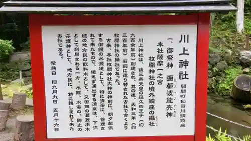 川上神社の{uncategorized: "未分類", other: "その他", undefined: "問題あり", building: "その他建物", grave: "お墓", sacred_gate: "鳥居", guardian: "狛犬", statue: "像", buddha: "仏像", history: "歴史", nature: "自然", garden: "庭園", animal: "動物", pagoda: "塔", temizu: "手水舎", mountain_gate: "山門・神門", sanctuary: "本殿・本堂", subordinate: "末社・摂社", art: "芸術", scenery: "景色", jizo: "地蔵", ema: "絵馬", goshuin: "御朱印", omikuji: "おみくじ", items: "授与品その他", amulet: "お守り", goshuincho: "御朱印帳", eats: "食事", festival: "お祭り", votive_dance: "神楽", shichigosan: "七五三参", wedding: "結婚式", experience: "体験その他", initially: "初詣", around: "周辺", anti_infection: "感染症対策"}