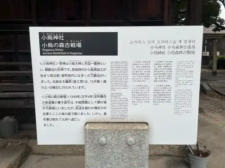 小烏神社の{uncategorized: "未分類", other: "その他", undefined: "問題あり", building: "その他建物", grave: "お墓", sacred_gate: "鳥居", guardian: "狛犬", statue: "像", buddha: "仏像", history: "歴史", nature: "自然", garden: "庭園", animal: "動物", pagoda: "塔", temizu: "手水舎", mountain_gate: "山門・神門", sanctuary: "本殿・本堂", subordinate: "末社・摂社", art: "芸術", scenery: "景色", jizo: "地蔵", ema: "絵馬", goshuin: "御朱印", omikuji: "おみくじ", items: "授与品その他", amulet: "お守り", goshuincho: "御朱印帳", eats: "食事", festival: "お祭り", votive_dance: "神楽", shichigosan: "七五三参", wedding: "結婚式", experience: "体験その他", initially: "初詣", around: "周辺", anti_infection: "感染症対策"}