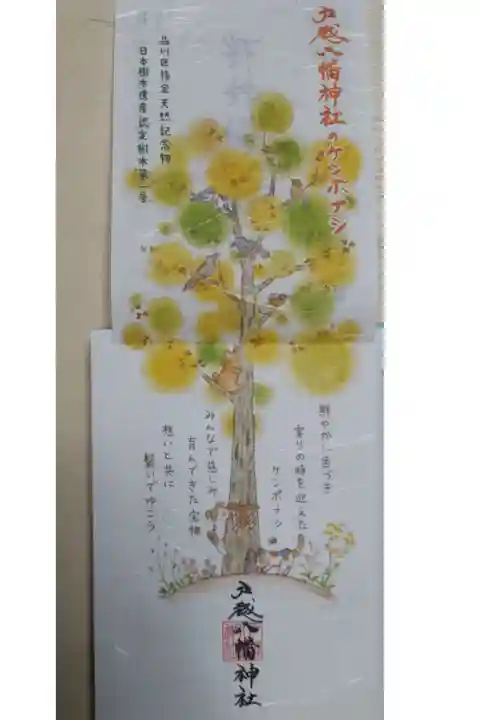 ケンポナシの御神木(秋)。縦型二つ折り御朱印の開いた状態。品川区指定天然記念物、日本樹木遺産認定第一号。鮮やかに色づき実りの時を迎えたケンポナシ みんなで慈しみ育んできた宝物 想いと共に繋いでゆこう。小鳥、みつばち、猫、おばけ、ワレモコウ、おみなえし、タデの花の絵