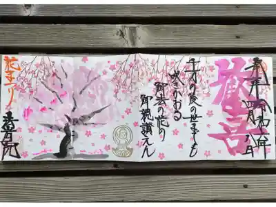令和6年4月御朱印。歓喜、花まつり、法岩院。満開の桜の木、枝垂れ桜、誕生仏お釈迦様の絵。千万の後の世までも咲きかおる解法の花の御親讃えん