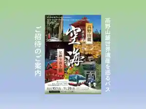 豊かな実りの秋に、当社をはじめ高野山・山麓の世界遺産の社寺へ、多くの方に訪れて頂きたく、10月11月の土日祝日運行の「高野山麓世界遺産を巡るバス」へ、100名の方をご招待いたします。
ご希望の方は、丹生都比売神社(0736-26-0102)までお問い合わせください。(受付時間 午前9時~午後4時)
ご注意
◎A券 橋本駅~丹生都比売神社(往復)
B券 高野山~丹生都比売神社(往復)
C券 橋本駅~丹生都比売神社~高野山(片道)
高野山~丹生都比売神社~橋本駅(片道)
※いずれかの片道です
上記3種類からの選択となります。
◎引換券のお渡しとなります。転売や印刷での使用はできません。
◎一世帯2枚までのお渡しとなります。
◎バス乗車時に乗務員へお渡しください。乗車券と交換いたします。
◎先着順で対応いたします。準備数終了による締切の際はご容赦ください。
◎引換券紛失時の再発行はいたしかねます。
◎運行日時・ダイヤ等の詳細は、当社ではなく、公式サイト「高野・山麓いと楽し」をご確認ください。