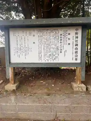 中野神社の{uncategorized: "未分類", other: "その他", undefined: "問題あり", building: "その他建物", grave: "お墓", sacred_gate: "鳥居", guardian: "狛犬", statue: "像", buddha: "仏像", history: "歴史", nature: "自然", garden: "庭園", animal: "動物", pagoda: "塔", temizu: "手水舎", mountain_gate: "山門・神門", sanctuary: "本殿・本堂", subordinate: "末社・摂社", art: "芸術", scenery: "景色", jizo: "地蔵", ema: "絵馬", goshuin: "御朱印", omikuji: "おみくじ", items: "授与品その他", amulet: "お守り", goshuincho: "御朱印帳", eats: "食事", festival: "お祭り", votive_dance: "神楽", shichigosan: "七五三参", wedding: "結婚式", experience: "体験その他", initially: "初詣", around: "周辺", anti_infection: "感染症対策"}