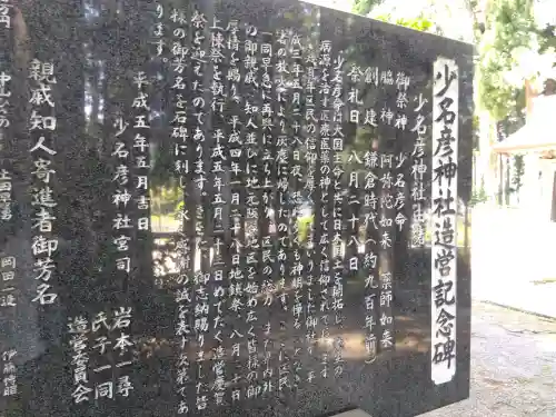 少名彦神社の{uncategorized: "未分類", other: "その他", undefined: "問題あり", building: "その他建物", grave: "お墓", sacred_gate: "鳥居", guardian: "狛犬", statue: "像", buddha: "仏像", history: "歴史", nature: "自然", garden: "庭園", animal: "動物", pagoda: "塔", temizu: "手水舎", mountain_gate: "山門・神門", sanctuary: "本殿・本堂", subordinate: "末社・摂社", art: "芸術", scenery: "景色", jizo: "地蔵", ema: "絵馬", goshuin: "御朱印", omikuji: "おみくじ", items: "授与品その他", amulet: "お守り", goshuincho: "御朱印帳", eats: "食事", festival: "お祭り", votive_dance: "神楽", shichigosan: "七五三参", wedding: "結婚式", experience: "体験その他", initially: "初詣", around: "周辺", anti_infection: "感染症対策"}
