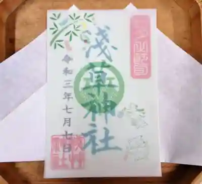 【七夕・浅草神社】
期　間：7月6日（火）、7日（水）、8日（木）　
初穂料：500円
時　間：6日（火）、7日（水）9:00〜16:00　
　　　　8日（木）10:00〜15:00
　　　　※変更になる可能性あり
※七夕の特別御朱印は浅草神社のみです。