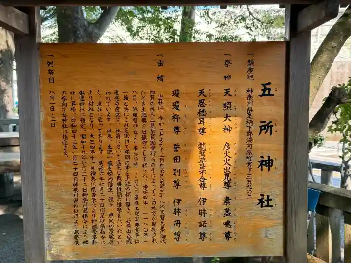 五所神社の{uncategorized: "未分類", other: "その他", undefined: "問題あり", building: "その他建物", grave: "お墓", sacred_gate: "鳥居", guardian: "狛犬", statue: "像", buddha: "仏像", history: "歴史", nature: "自然", garden: "庭園", animal: "動物", pagoda: "塔", temizu: "手水舎", mountain_gate: "山門・神門", sanctuary: "本殿・本堂", subordinate: "末社・摂社", art: "芸術", scenery: "景色", jizo: "地蔵", ema: "絵馬", goshuin: "御朱印", omikuji: "おみくじ", items: "授与品その他", amulet: "お守り", goshuincho: "御朱印帳", eats: "食事", festival: "お祭り", votive_dance: "神楽", shichigosan: "七五三参", wedding: "結婚式", experience: "体験その他", initially: "初詣", around: "周辺", anti_infection: "感染症対策"}