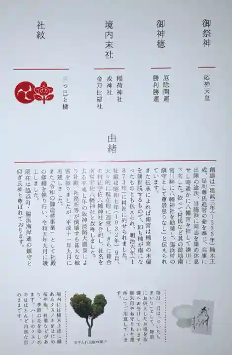 南宮宇佐八幡神社(脇浜神社)の{uncategorized: "未分類", other: "その他", undefined: "問題あり", building: "その他建物", grave: "お墓", sacred_gate: "鳥居", guardian: "狛犬", statue: "像", buddha: "仏像", history: "歴史", nature: "自然", garden: "庭園", animal: "動物", pagoda: "塔", temizu: "手水舎", mountain_gate: "山門・神門", sanctuary: "本殿・本堂", subordinate: "末社・摂社", art: "芸術", scenery: "景色", jizo: "地蔵", ema: "絵馬", goshuin: "御朱印", omikuji: "おみくじ", items: "授与品その他", amulet: "お守り", goshuincho: "御朱印帳", eats: "食事", festival: "お祭り", votive_dance: "神楽", shichigosan: "七五三参", wedding: "結婚式", experience: "体験その他", initially: "初詣", around: "周辺", anti_infection: "感染症対策"}