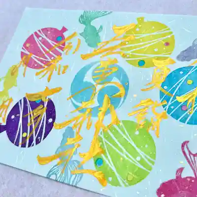 水色の和紙にカラフルな金魚とヨーヨー水風船をあしらい奉製致しました✨