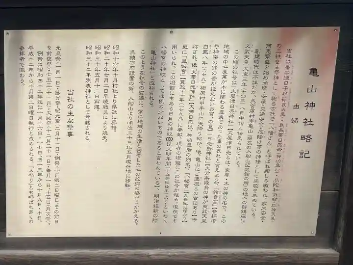 亀山神社の{uncategorized: "未分類", other: "その他", undefined: "問題あり", building: "その他建物", grave: "お墓", sacred_gate: "鳥居", guardian: "狛犬", statue: "像", buddha: "仏像", history: "歴史", nature: "自然", garden: "庭園", animal: "動物", pagoda: "塔", temizu: "手水舎", mountain_gate: "山門・神門", sanctuary: "本殿・本堂", subordinate: "末社・摂社", art: "芸術", scenery: "景色", jizo: "地蔵", ema: "絵馬", goshuin: "御朱印", omikuji: "おみくじ", items: "授与品その他", amulet: "お守り", goshuincho: "御朱印帳", eats: "食事", festival: "お祭り", votive_dance: "神楽", shichigosan: "七五三参", wedding: "結婚式", experience: "体験その他", initially: "初詣", around: "周辺", anti_infection: "感染症対策"}