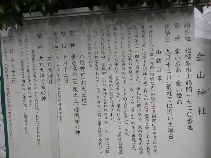 金山神社の{uncategorized: "未分類", other: "その他", undefined: "問題あり", building: "その他建物", grave: "お墓", sacred_gate: "鳥居", guardian: "狛犬", statue: "像", buddha: "仏像", history: "歴史", nature: "自然", garden: "庭園", animal: "動物", pagoda: "塔", temizu: "手水舎", mountain_gate: "山門・神門", sanctuary: "本殿・本堂", subordinate: "末社・摂社", art: "芸術", scenery: "景色", jizo: "地蔵", ema: "絵馬", goshuin: "御朱印", omikuji: "おみくじ", items: "授与品その他", amulet: "お守り", goshuincho: "御朱印帳", eats: "食事", festival: "お祭り", votive_dance: "神楽", shichigosan: "七五三参", wedding: "結婚式", experience: "体験その他", initially: "初詣", around: "周辺", anti_infection: "感染症対策"}