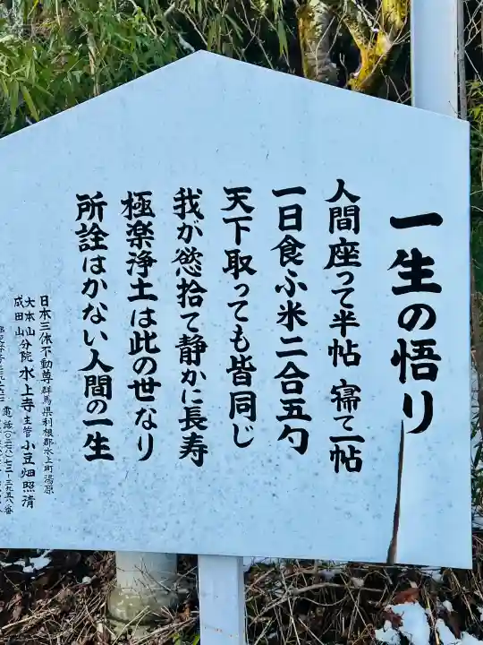 水上寺(成田山水上不動尊) の{uncategorized: "未分類", other: "その他", undefined: "問題あり", building: "その他建物", grave: "お墓", sacred_gate: "鳥居", guardian: "狛犬", statue: "像", buddha: "仏像", history: "歴史", nature: "自然", garden: "庭園", animal: "動物", pagoda: "塔", temizu: "手水舎", mountain_gate: "山門・神門", sanctuary: "本殿・本堂", subordinate: "末社・摂社", art: "芸術", scenery: "景色", jizo: "地蔵", ema: "絵馬", goshuin: "御朱印", omikuji: "おみくじ", items: "授与品その他", amulet: "お守り", goshuincho: "御朱印帳", eats: "食事", festival: "お祭り", votive_dance: "神楽", shichigosan: "七五三参", wedding: "結婚式", experience: "体験その他", initially: "初詣", around: "周辺", anti_infection: "感染症対策"}