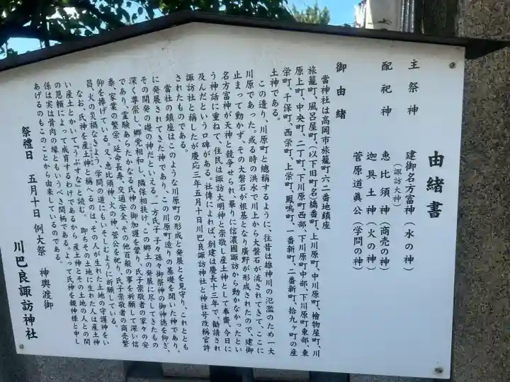 川巴良諏訪神社の{uncategorized: "未分類", other: "その他", undefined: "問題あり", building: "その他建物", grave: "お墓", sacred_gate: "鳥居", guardian: "狛犬", statue: "像", buddha: "仏像", history: "歴史", nature: "自然", garden: "庭園", animal: "動物", pagoda: "塔", temizu: "手水舎", mountain_gate: "山門・神門", sanctuary: "本殿・本堂", subordinate: "末社・摂社", art: "芸術", scenery: "景色", jizo: "地蔵", ema: "絵馬", goshuin: "御朱印", omikuji: "おみくじ", items: "授与品その他", amulet: "お守り", goshuincho: "御朱印帳", eats: "食事", festival: "お祭り", votive_dance: "神楽", shichigosan: "七五三参", wedding: "結婚式", experience: "体験その他", initially: "初詣", around: "周辺", anti_infection: "感染症対策"}
