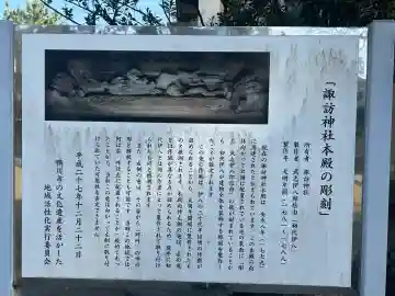 諏訪神社の{uncategorized: "未分類", other: "その他", undefined: "問題あり", building: "その他建物", grave: "お墓", sacred_gate: "鳥居", guardian: "狛犬", statue: "像", buddha: "仏像", history: "歴史", nature: "自然", garden: "庭園", animal: "動物", pagoda: "塔", temizu: "手水舎", mountain_gate: "山門・神門", sanctuary: "本殿・本堂", subordinate: "末社・摂社", art: "芸術", scenery: "景色", jizo: "地蔵", ema: "絵馬", goshuin: "御朱印", omikuji: "おみくじ", items: "授与品その他", amulet: "お守り", goshuincho: "御朱印帳", eats: "食事", festival: "お祭り", votive_dance: "神楽", shichigosan: "七五三参", wedding: "結婚式", experience: "体験その他", initially: "初詣", around: "周辺", anti_infection: "感染症対策"}