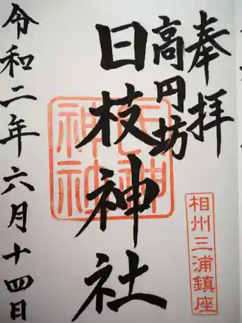 日枝神社の御朱印 2020年06月
