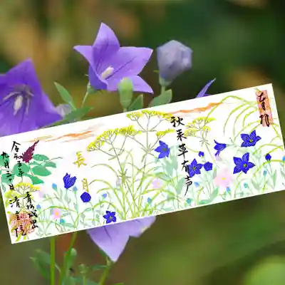 紫の花は桔梗、黄色は女郎花、ピンクは葛の花です。
「秋来草有声（秋来たりて草に声あり）」。
秋になって、草の陰で虫が鳴く様子を歌った禅語。

先日、日比谷の野外音楽堂にコンサートを観に行ったのですが、
野外なので曲と曲の間には周辺の音が聞こえてきます。
その中でコオロギの鳴く声も聞こえてきて、秋の訪れを感じました。