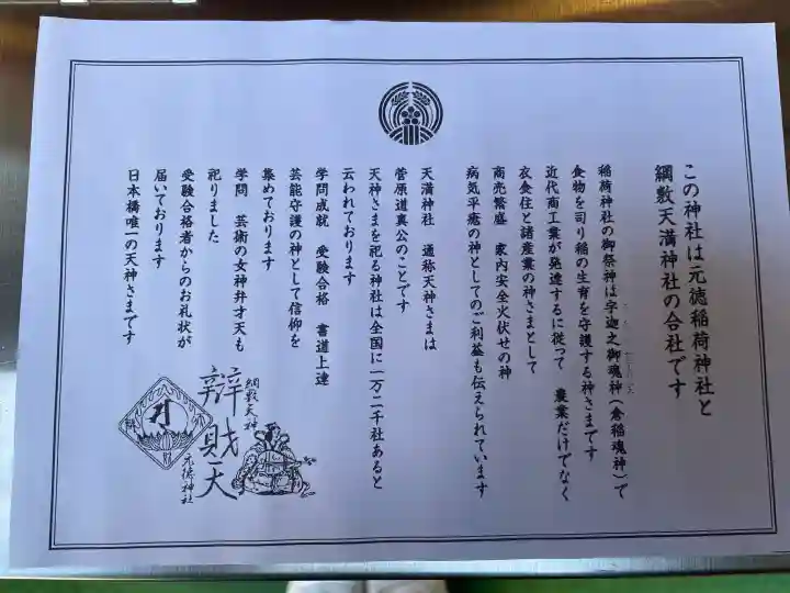 元徳稲荷神社・綱敷天満神社の{uncategorized: "未分類", other: "その他", undefined: "問題あり", building: "その他建物", grave: "お墓", sacred_gate: "鳥居", guardian: "狛犬", statue: "像", buddha: "仏像", history: "歴史", nature: "自然", garden: "庭園", animal: "動物", pagoda: "塔", temizu: "手水舎", mountain_gate: "山門・神門", sanctuary: "本殿・本堂", subordinate: "末社・摂社", art: "芸術", scenery: "景色", jizo: "地蔵", ema: "絵馬", goshuin: "御朱印", omikuji: "おみくじ", items: "授与品その他", amulet: "お守り", goshuincho: "御朱印帳", eats: "食事", festival: "お祭り", votive_dance: "神楽", shichigosan: "七五三参", wedding: "結婚式", experience: "体験その他", initially: "初詣", around: "周辺", anti_infection: "感染症対策"}