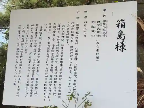 箱島神社の{uncategorized: "未分類", other: "その他", undefined: "問題あり", building: "その他建物", grave: "お墓", sacred_gate: "鳥居", guardian: "狛犬", statue: "像", buddha: "仏像", history: "歴史", nature: "自然", garden: "庭園", animal: "動物", pagoda: "塔", temizu: "手水舎", mountain_gate: "山門・神門", sanctuary: "本殿・本堂", subordinate: "末社・摂社", art: "芸術", scenery: "景色", jizo: "地蔵", ema: "絵馬", goshuin: "御朱印", omikuji: "おみくじ", items: "授与品その他", amulet: "お守り", goshuincho: "御朱印帳", eats: "食事", festival: "お祭り", votive_dance: "神楽", shichigosan: "七五三参", wedding: "結婚式", experience: "体験その他", initially: "初詣", around: "周辺", anti_infection: "感染症対策"}