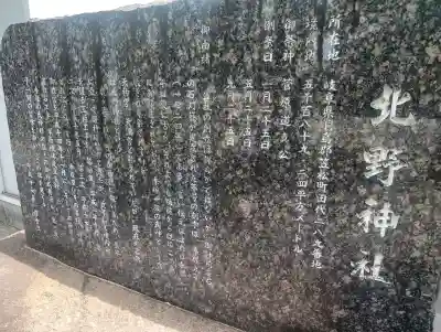 北野神社の{uncategorized: "未分類", other: "その他", undefined: "問題あり", building: "その他建物", grave: "お墓", sacred_gate: "鳥居", guardian: "狛犬", statue: "像", buddha: "仏像", history: "歴史", nature: "自然", garden: "庭園", animal: "動物", pagoda: "塔", temizu: "手水舎", mountain_gate: "山門・神門", sanctuary: "本殿・本堂", subordinate: "末社・摂社", art: "芸術", scenery: "景色", jizo: "地蔵", ema: "絵馬", goshuin: "御朱印", omikuji: "おみくじ", items: "授与品その他", amulet: "お守り", goshuincho: "御朱印帳", eats: "食事", festival: "お祭り", votive_dance: "神楽", shichigosan: "七五三参", wedding: "結婚式", experience: "体験その他", initially: "初詣", around: "周辺", anti_infection: "感染症対策"}