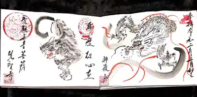 初回参拝時の御朱印を見開きで拝受🙏✨

天井絵の龍と強い動物という事で虎の絵を書いて下さいました😎✨
面白いご住職さんです(*´ω`*)

２回目の参拝から月替わりの御朱印を
書いて下さるそうですφ(･ω･｀)ﾒﾓﾒﾓ