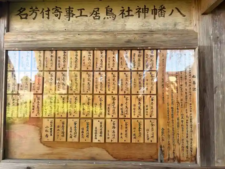 八幡神社の{uncategorized: "未分類", other: "その他", undefined: "問題あり", building: "その他建物", grave: "お墓", sacred_gate: "鳥居", guardian: "狛犬", statue: "像", buddha: "仏像", history: "歴史", nature: "自然", garden: "庭園", animal: "動物", pagoda: "塔", temizu: "手水舎", mountain_gate: "山門・神門", sanctuary: "本殿・本堂", subordinate: "末社・摂社", art: "芸術", scenery: "景色", jizo: "地蔵", ema: "絵馬", goshuin: "御朱印", omikuji: "おみくじ", items: "授与品その他", amulet: "お守り", goshuincho: "御朱印帳", eats: "食事", festival: "お祭り", votive_dance: "神楽", shichigosan: "七五三参", wedding: "結婚式", experience: "体験その他", initially: "初詣", around: "周辺", anti_infection: "感染症対策"}