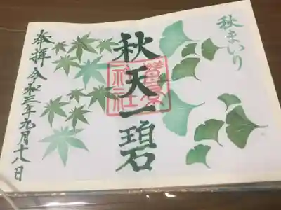 限定の秋参り御朱印です。
秋なのに緑のイチョウや、紅葉がとてもキレイです。

