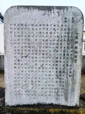八幡神社の{uncategorized: "未分類", other: "その他", undefined: "問題あり", building: "その他建物", grave: "お墓", sacred_gate: "鳥居", guardian: "狛犬", statue: "像", buddha: "仏像", history: "歴史", nature: "自然", garden: "庭園", animal: "動物", pagoda: "塔", temizu: "手水舎", mountain_gate: "山門・神門", sanctuary: "本殿・本堂", subordinate: "末社・摂社", art: "芸術", scenery: "景色", jizo: "地蔵", ema: "絵馬", goshuin: "御朱印", omikuji: "おみくじ", items: "授与品その他", amulet: "お守り", goshuincho: "御朱印帳", eats: "食事", festival: "お祭り", votive_dance: "神楽", shichigosan: "七五三参", wedding: "結婚式", experience: "体験その他", initially: "初詣", around: "周辺", anti_infection: "感染症対策"}