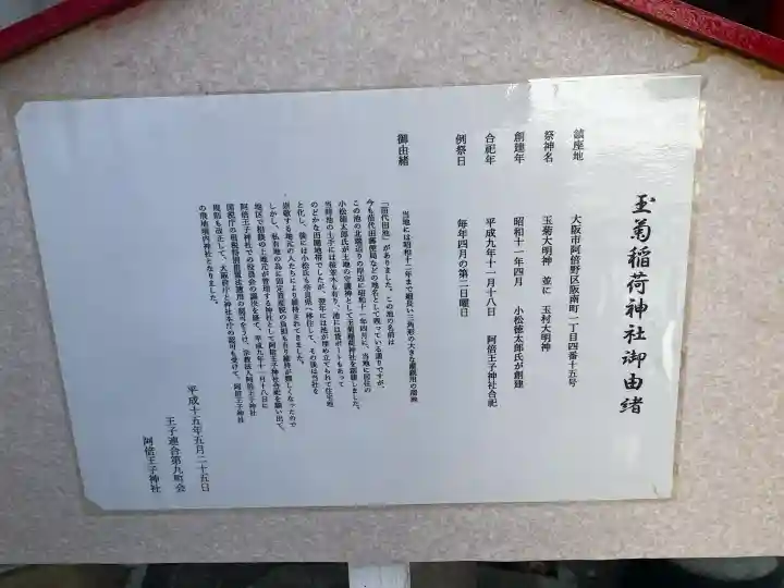 玉菊稲荷神社の{uncategorized: "未分類", other: "その他", undefined: "問題あり", building: "その他建物", grave: "お墓", sacred_gate: "鳥居", guardian: "狛犬", statue: "像", buddha: "仏像", history: "歴史", nature: "自然", garden: "庭園", animal: "動物", pagoda: "塔", temizu: "手水舎", mountain_gate: "山門・神門", sanctuary: "本殿・本堂", subordinate: "末社・摂社", art: "芸術", scenery: "景色", jizo: "地蔵", ema: "絵馬", goshuin: "御朱印", omikuji: "おみくじ", items: "授与品その他", amulet: "お守り", goshuincho: "御朱印帳", eats: "食事", festival: "お祭り", votive_dance: "神楽", shichigosan: "七五三参", wedding: "結婚式", experience: "体験その他", initially: "初詣", around: "周辺", anti_infection: "感染症対策"}