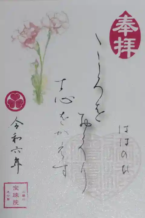 元気の出る御朱印、母の日。カーネーションの絵。こころをおくり志をかえす、ははのひ。パール調にキラキラ光る紙。