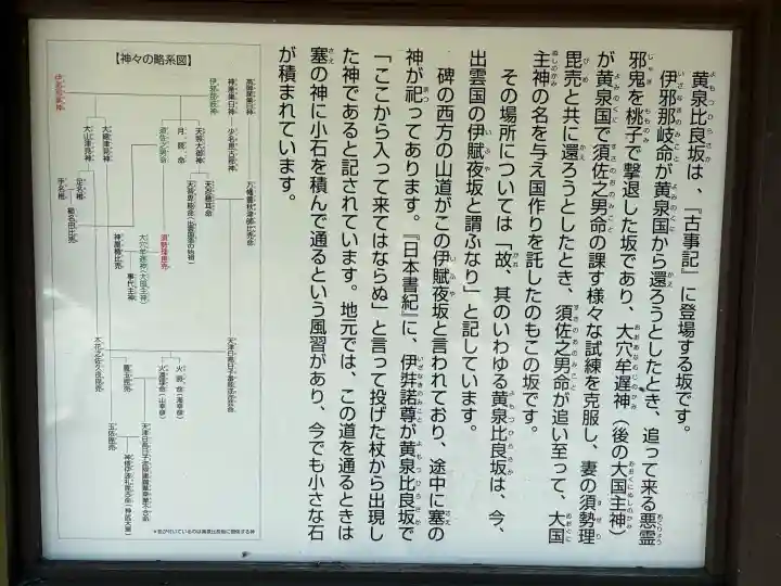 黄泉比良坂の{uncategorized: "未分類", other: "その他", undefined: "問題あり", building: "その他建物", grave: "お墓", sacred_gate: "鳥居", guardian: "狛犬", statue: "像", buddha: "仏像", history: "歴史", nature: "自然", garden: "庭園", animal: "動物", pagoda: "塔", temizu: "手水舎", mountain_gate: "山門・神門", sanctuary: "本殿・本堂", subordinate: "末社・摂社", art: "芸術", scenery: "景色", jizo: "地蔵", ema: "絵馬", goshuin: "御朱印", omikuji: "おみくじ", items: "授与品その他", amulet: "お守り", goshuincho: "御朱印帳", eats: "食事", festival: "お祭り", votive_dance: "神楽", shichigosan: "七五三参", wedding: "結婚式", experience: "体験その他", initially: "初詣", around: "周辺", anti_infection: "感染症対策"}