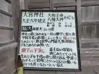 大宮神社の{uncategorized: "未分類", other: "その他", undefined: "問題あり", building: "その他建物", grave: "お墓", sacred_gate: "鳥居", guardian: "狛犬", statue: "像", buddha: "仏像", history: "歴史", nature: "自然", garden: "庭園", animal: "動物", pagoda: "塔", temizu: "手水舎", mountain_gate: "山門・神門", sanctuary: "本殿・本堂", subordinate: "末社・摂社", art: "芸術", scenery: "景色", jizo: "地蔵", ema: "絵馬", goshuin: "御朱印", omikuji: "おみくじ", items: "授与品その他", amulet: "お守り", goshuincho: "御朱印帳", eats: "食事", festival: "お祭り", votive_dance: "神楽", shichigosan: "七五三参", wedding: "結婚式", experience: "体験その他", initially: "初詣", around: "周辺", anti_infection: "感染症対策"}
