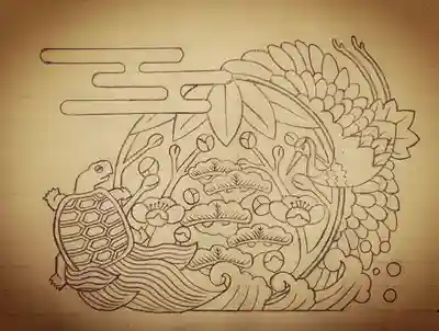 1月の御朱印に添える絵柄。朝日に松竹梅、鶴亀紋!