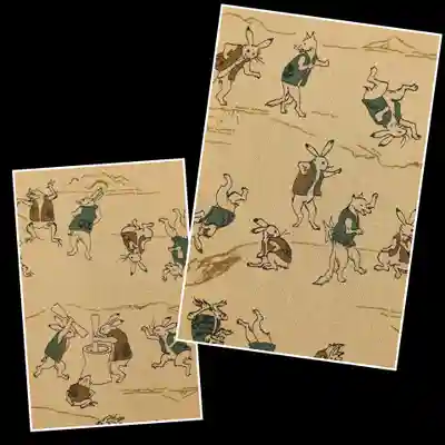 大判サイズの方は、鳥獣戯画っぽい柄の生地をチョイス。
こういうユーモラスな御朱印帳ってなかなか無いと思うので、手作り感があってよいですね😄