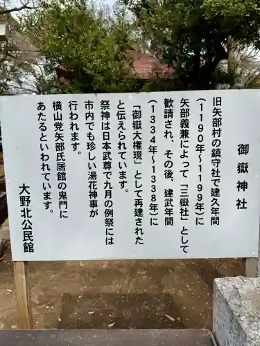 御嶽神社  （上矢部）の{uncategorized: "未分類", other: "その他", undefined: "問題あり", building: "その他建物", grave: "お墓", sacred_gate: "鳥居", guardian: "狛犬", statue: "像", buddha: "仏像", history: "歴史", nature: "自然", garden: "庭園", animal: "動物", pagoda: "塔", temizu: "手水舎", mountain_gate: "山門・神門", sanctuary: "本殿・本堂", subordinate: "末社・摂社", art: "芸術", scenery: "景色", jizo: "地蔵", ema: "絵馬", goshuin: "御朱印", omikuji: "おみくじ", items: "授与品その他", amulet: "お守り", goshuincho: "御朱印帳", eats: "食事", festival: "お祭り", votive_dance: "神楽", shichigosan: "七五三参", wedding: "結婚式", experience: "体験その他", initially: "初詣", around: "周辺", anti_infection: "感染症対策"}