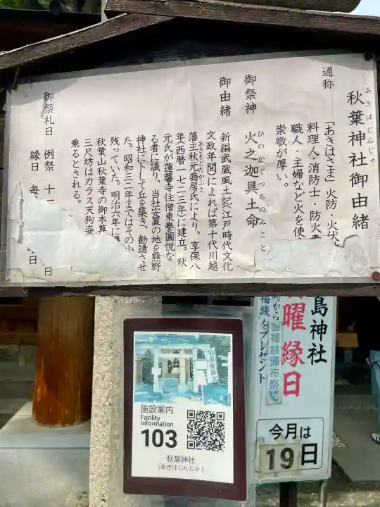 秋葉神社(川越熊野神社境内)の{uncategorized: "未分類", other: "その他", undefined: "問題あり", building: "その他建物", grave: "お墓", sacred_gate: "鳥居", guardian: "狛犬", statue: "像", buddha: "仏像", history: "歴史", nature: "自然", garden: "庭園", animal: "動物", pagoda: "塔", temizu: "手水舎", mountain_gate: "山門・神門", sanctuary: "本殿・本堂", subordinate: "末社・摂社", art: "芸術", scenery: "景色", jizo: "地蔵", ema: "絵馬", goshuin: "御朱印", omikuji: "おみくじ", items: "授与品その他", amulet: "お守り", goshuincho: "御朱印帳", eats: "食事", festival: "お祭り", votive_dance: "神楽", shichigosan: "七五三参", wedding: "結婚式", experience: "体験その他", initially: "初詣", around: "周辺", anti_infection: "感染症対策"}