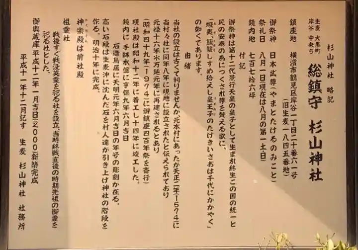 生麦杉山神社の{uncategorized: "未分類", other: "その他", undefined: "問題あり", building: "その他建物", grave: "お墓", sacred_gate: "鳥居", guardian: "狛犬", statue: "像", buddha: "仏像", history: "歴史", nature: "自然", garden: "庭園", animal: "動物", pagoda: "塔", temizu: "手水舎", mountain_gate: "山門・神門", sanctuary: "本殿・本堂", subordinate: "末社・摂社", art: "芸術", scenery: "景色", jizo: "地蔵", ema: "絵馬", goshuin: "御朱印", omikuji: "おみくじ", items: "授与品その他", amulet: "お守り", goshuincho: "御朱印帳", eats: "食事", festival: "お祭り", votive_dance: "神楽", shichigosan: "七五三参", wedding: "結婚式", experience: "体験その他", initially: "初詣", around: "周辺", anti_infection: "感染症対策"}