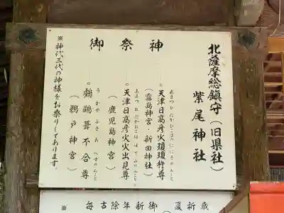 紫尾神社の{uncategorized: "未分類", other: "その他", undefined: "問題あり", building: "その他建物", grave: "お墓", sacred_gate: "鳥居", guardian: "狛犬", statue: "像", buddha: "仏像", history: "歴史", nature: "自然", garden: "庭園", animal: "動物", pagoda: "塔", temizu: "手水舎", mountain_gate: "山門・神門", sanctuary: "本殿・本堂", subordinate: "末社・摂社", art: "芸術", scenery: "景色", jizo: "地蔵", ema: "絵馬", goshuin: "御朱印", omikuji: "おみくじ", items: "授与品その他", amulet: "お守り", goshuincho: "御朱印帳", eats: "食事", festival: "お祭り", votive_dance: "神楽", shichigosan: "七五三参", wedding: "結婚式", experience: "体験その他", initially: "初詣", around: "周辺", anti_infection: "感染症対策"}