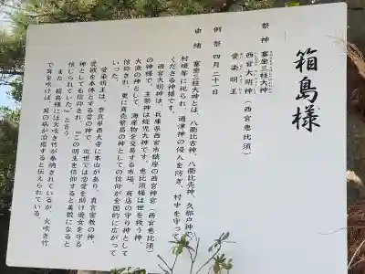 箱島神社の{uncategorized: "未分類", other: "その他", undefined: "問題あり", building: "その他建物", grave: "お墓", sacred_gate: "鳥居", guardian: "狛犬", statue: "像", buddha: "仏像", history: "歴史", nature: "自然", garden: "庭園", animal: "動物", pagoda: "塔", temizu: "手水舎", mountain_gate: "山門・神門", sanctuary: "本殿・本堂", subordinate: "末社・摂社", art: "芸術", scenery: "景色", jizo: "地蔵", ema: "絵馬", goshuin: "御朱印", omikuji: "おみくじ", items: "授与品その他", amulet: "お守り", goshuincho: "御朱印帳", eats: "食事", festival: "お祭り", votive_dance: "神楽", shichigosan: "七五三参", wedding: "結婚式", experience: "体験その他", initially: "初詣", around: "周辺", anti_infection: "感染症対策"}