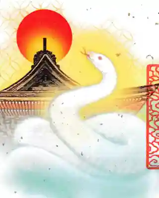 白蛇に、本殿と池の雰囲気を描きました。