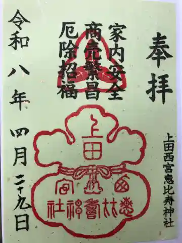 上田西宮恵比寿神社(上田大神宮境内社)の{uncategorized: "未分類", other: "その他", undefined: "問題あり", building: "その他建物", grave: "お墓", sacred_gate: "鳥居", guardian: "狛犬", statue: "像", buddha: "仏像", history: "歴史", nature: "自然", garden: "庭園", animal: "動物", pagoda: "塔", temizu: "手水舎", mountain_gate: "山門・神門", sanctuary: "本殿・本堂", subordinate: "末社・摂社", art: "芸術", scenery: "景色", jizo: "地蔵", ema: "絵馬", goshuin: "御朱印", omikuji: "おみくじ", items: "授与品その他", amulet: "お守り", goshuincho: "御朱印帳", eats: "食事", festival: "お祭り", votive_dance: "神楽", shichigosan: "七五三参", wedding: "結婚式", experience: "体験その他", initially: "初詣", around: "周辺", anti_infection: "感染症対策"}