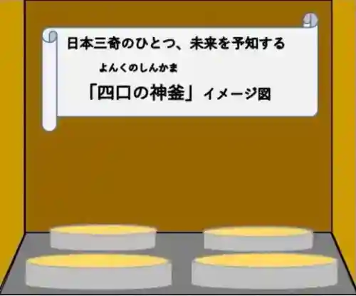 御釜神社の{uncategorized: "未分類", other: "その他", undefined: "問題あり", building: "その他建物", grave: "お墓", sacred_gate: "鳥居", guardian: "狛犬", statue: "像", buddha: "仏像", history: "歴史", nature: "自然", garden: "庭園", animal: "動物", pagoda: "塔", temizu: "手水舎", mountain_gate: "山門・神門", sanctuary: "本殿・本堂", subordinate: "末社・摂社", art: "芸術", scenery: "景色", jizo: "地蔵", ema: "絵馬", goshuin: "御朱印", omikuji: "おみくじ", items: "授与品その他", amulet: "お守り", goshuincho: "御朱印帳", eats: "食事", festival: "お祭り", votive_dance: "神楽", shichigosan: "七五三参", wedding: "結婚式", experience: "体験その他", initially: "初詣", around: "周辺", anti_infection: "感染症対策"}